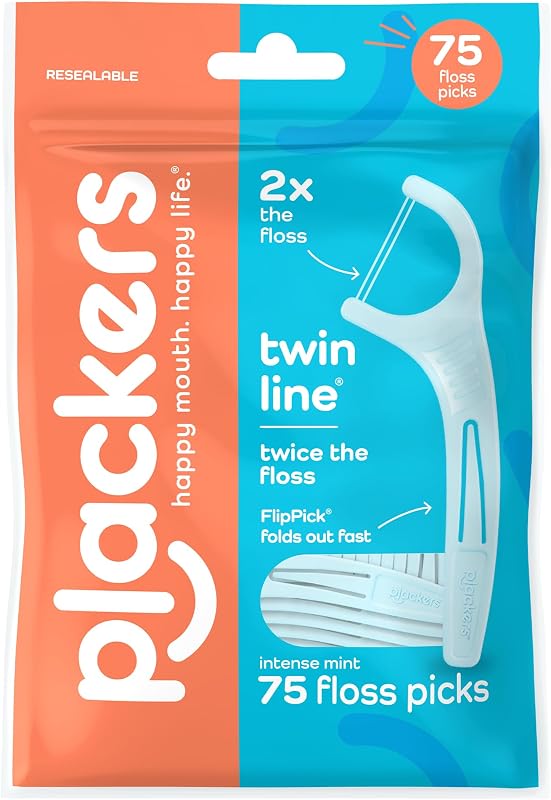 Plackers Twin Line Floss Picks, Intense Mint, 75 Count | Dual-line Tuffloss, Floss fiber made without PTFE, Fold-out toothpick, Plaque removal, Fits tight teeth, Raised grips