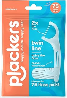 Plackers® Twin Line® Floss Picks with Tuffloss® Fiber & FlipPick®, Intense Mint, Double-Line Flosser for Effective Plaque Removal, 75 Count