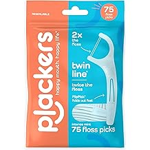 Plackers&reg; Twin Line&reg; Floss Picks with Tuffloss&reg; Fiber &amp; FlipPick&reg;, Intense Mint, Double-Line Flosser for Effective Plaque Removal, 75 Count