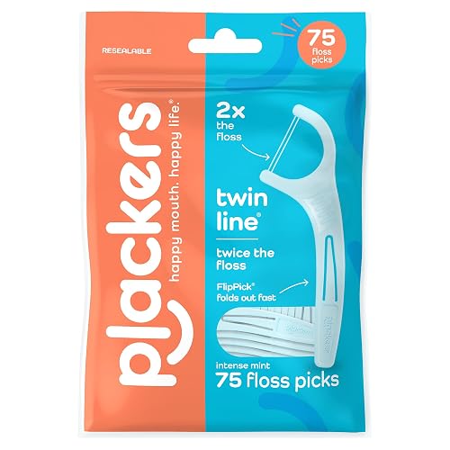 Plackers Twin Line Floss Picks, Intense Mint, 75 Count | Dual-line Tuffloss, Floss fiber made without PTFE, Fold-out toothpick, Plaque removal, Fits tight teeth, Raised grips
