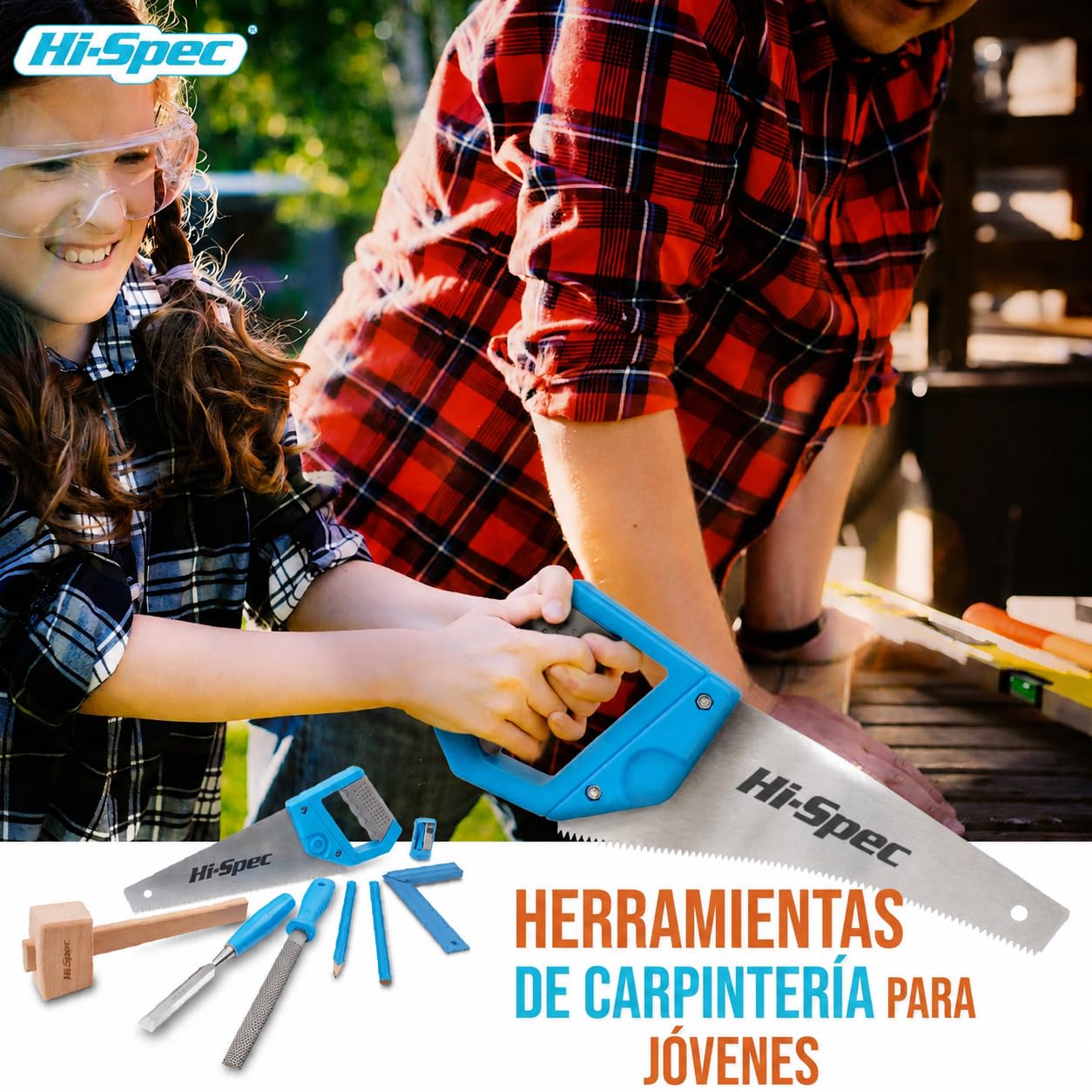 Hi-Spec Caja Jumbo de Herramientas Reales para Carpintería Infantil 8+ | 26 piezas; formón, serrucho, mazo, sargentos, gafas y lápices; trabajos de madera; no es juguete; supervisión adulta 8+ años