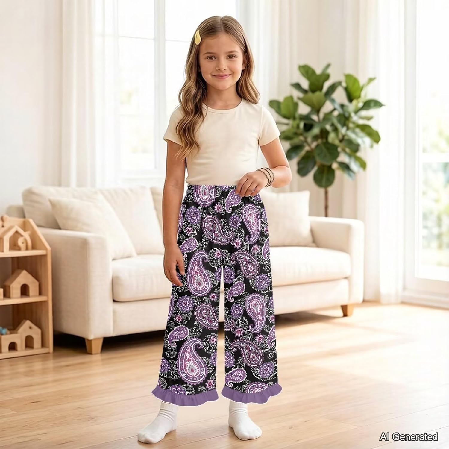 Wanyint Girls' Wide Leg Pants with Ruffle High Waisted Long Trousers Pants Fashion Outfits Loose Bottoms for 5-14 Years