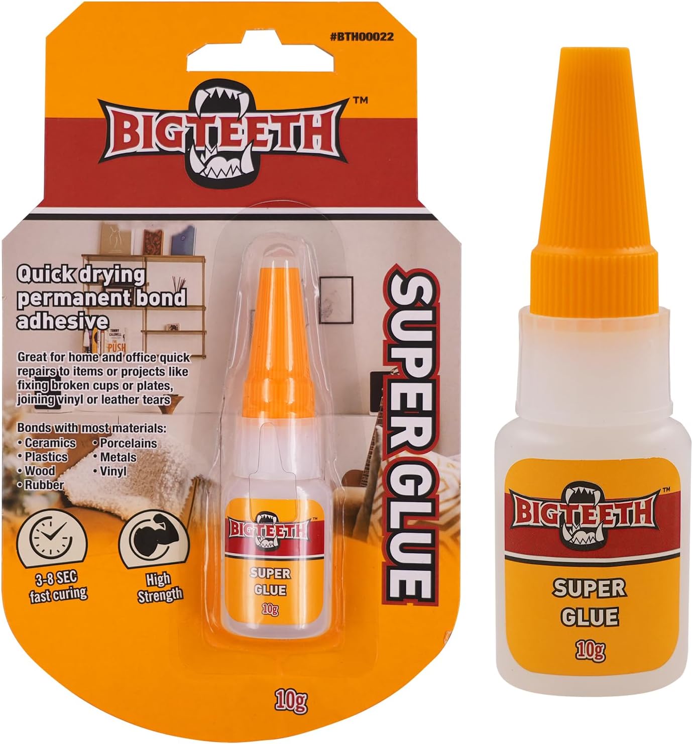 - BIGTEETH Super Glue - 0.35oz Strong Super Glue for Home and Office Quick Repairs,All Purpose Adhesive for Ceramics, Porcelains, Plastics,Metals, Wood, Vinyl, Rubber, and More