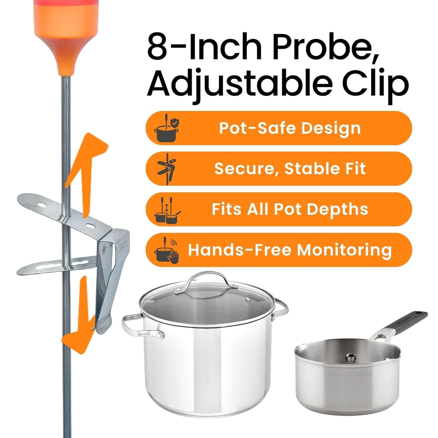 8-inch long probe of the CILICO thermometer with an adjustable clip for securing to pots and pans.