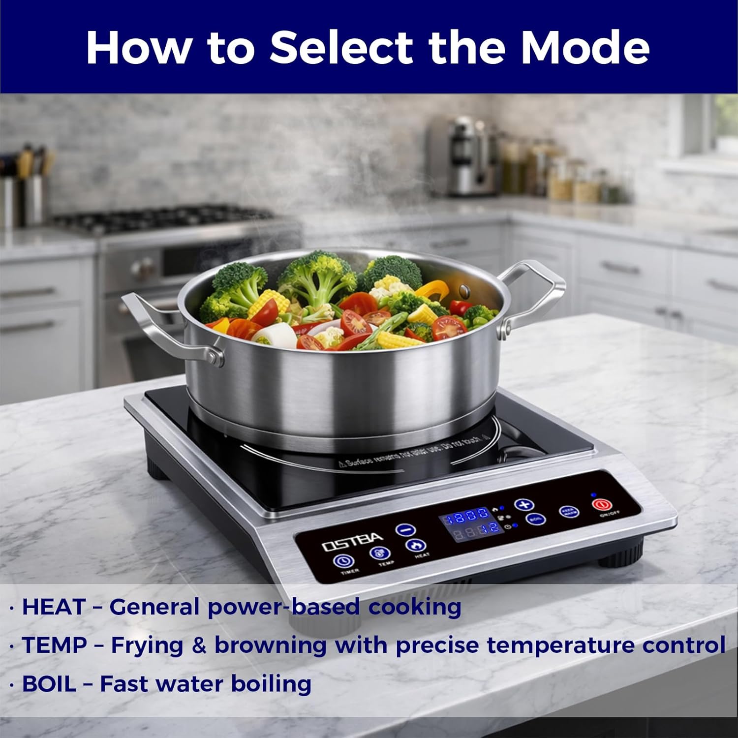 OSTBA 1800W Portable Induction Cooktop, Large Heating Coil Countertop Induction Burner, 10 Power Levels & 120–460°F Temperature Control, 3H Timer, Keep Warm, ETL Certified