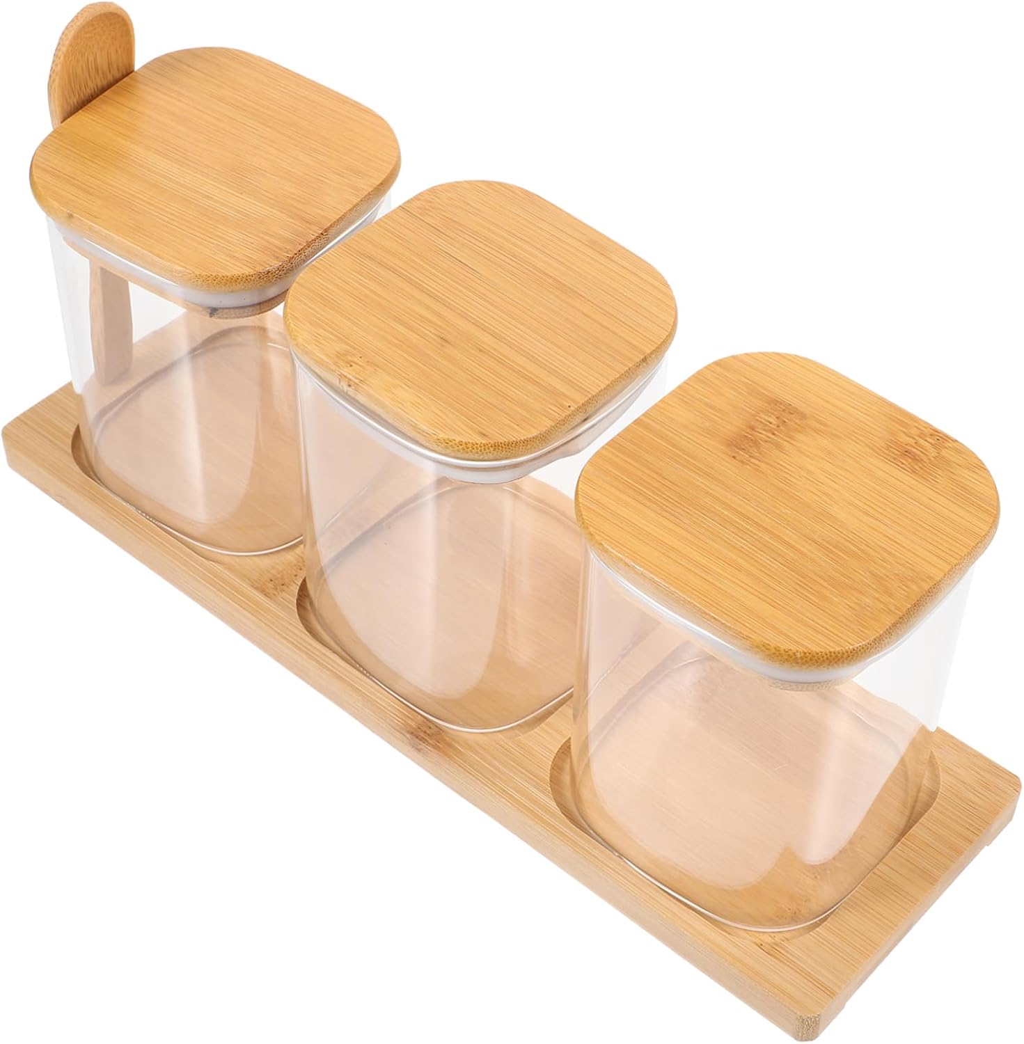 Garneck Seasoning Jar Set with Wooden Tray Glass Spice Containers with Lids and Spoons for Sugar Salt and Condiments Storage for Kitchen and Bbq Use