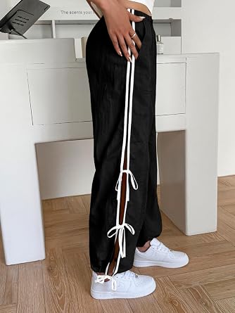 Fisoew Womens Wide Leg Track Pants Casual Elastic Waist Bow Tie Y2K Baggy Sweatpants with Pockets Black