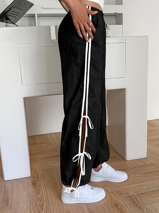 Fisoew Womens Wide Leg Track Pants Casual Elastic Waist Bow Tie Y2K Baggy Sweatpants with Pockets Black