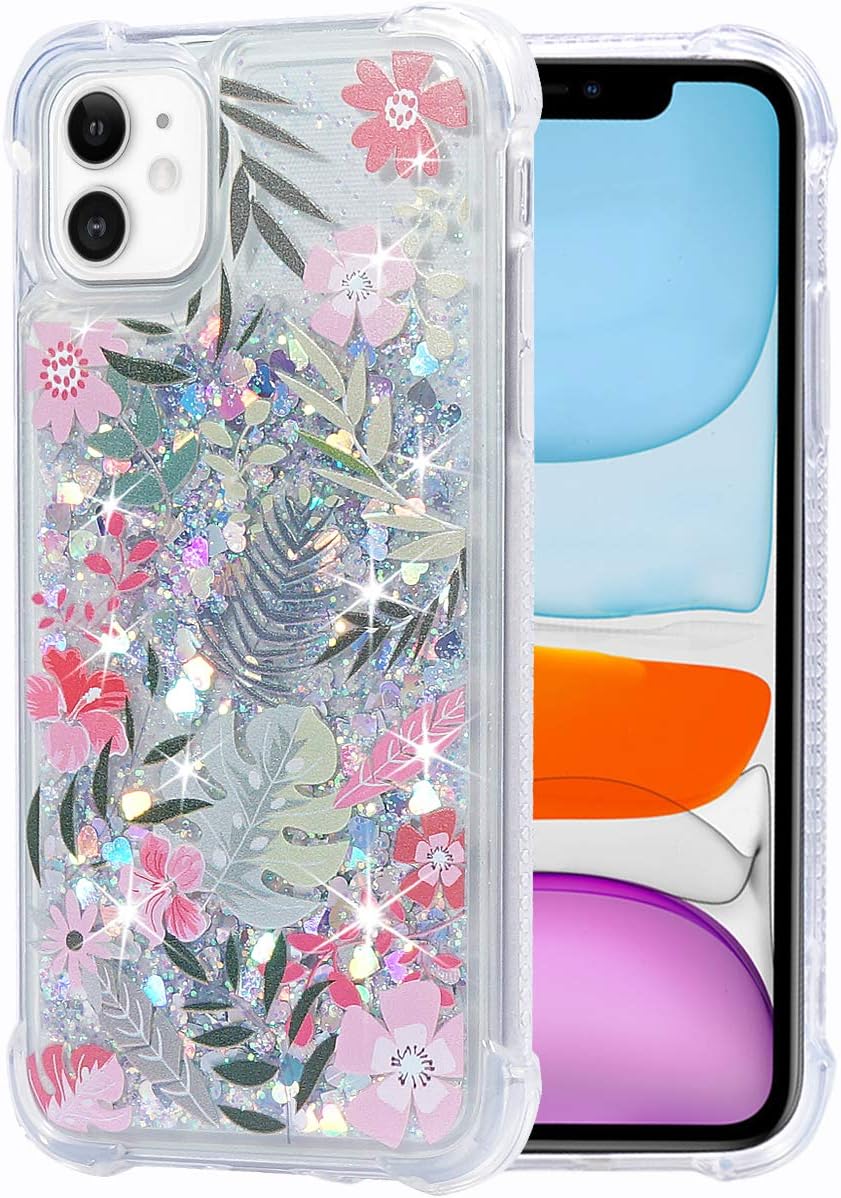 FLOCUTE iPhone 11 Case, iPhone 11 Glitter Floral Case Flower Pattern Clear Bling Sparkle Floating Liquid Soft TPU Cushion Luxury Fashion Girly Women Cute Case for iPhone 11 (Tropical Leaves)