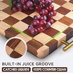 Checkered Cutting Board for Kitchen – 14.9"x 11"x 1.18" Rubber Wood Butcher Block with Juice Groove & Steel Handle, Heavy Duty Non-Slip Chopping Board for Charcuterie, Housewarming Gift