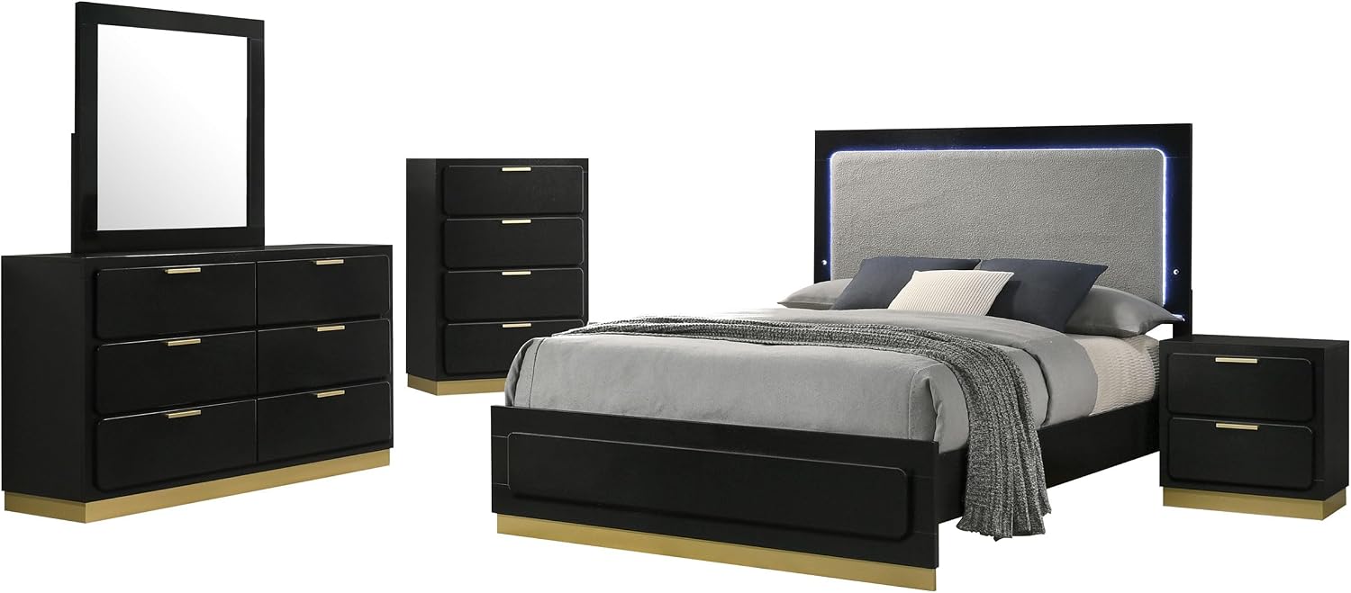Coaster Home Furnishings Caraway Contemporary 5-piece Bedroom Set Upholstered California King Size LED Panel Bed Frame 55-inch Headboard Black 224781KW-S5