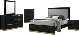 Coaster Home Furnishings Caraway Contemporary 5-piece Bedroom Set Upholstered Queen Size LED Panel Bed Frame 55-inch Headboard Black 224781Q-S5