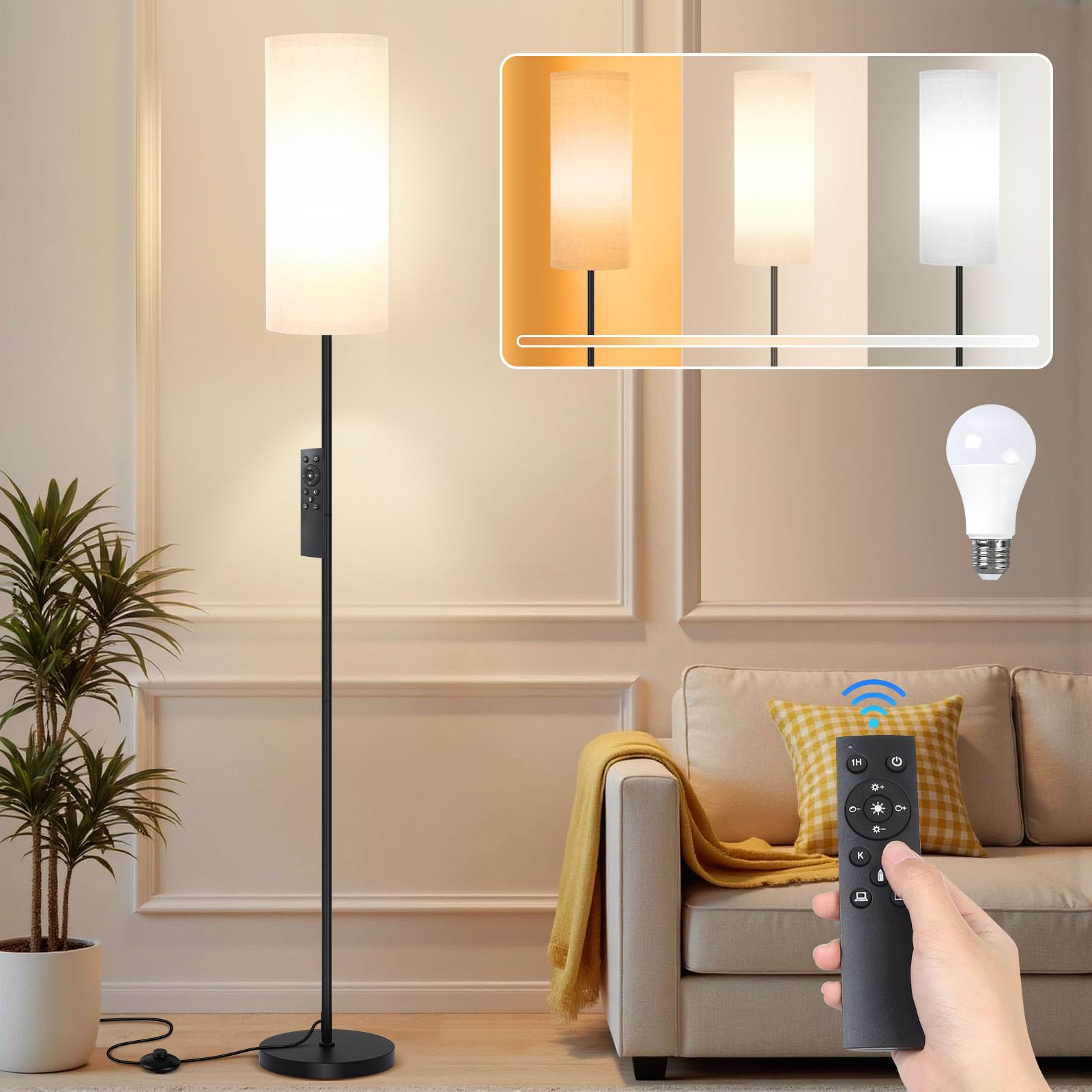 Lámpara de Pie para Salón con Bombilla E27 de 12W, Lámpara LED Moderna Regulable, 3 Temperaturas de Color, Pantalla de Lino, Interruptor de Pie, Lámpara de Lectura para Dormitorio u Oficina, 175cm