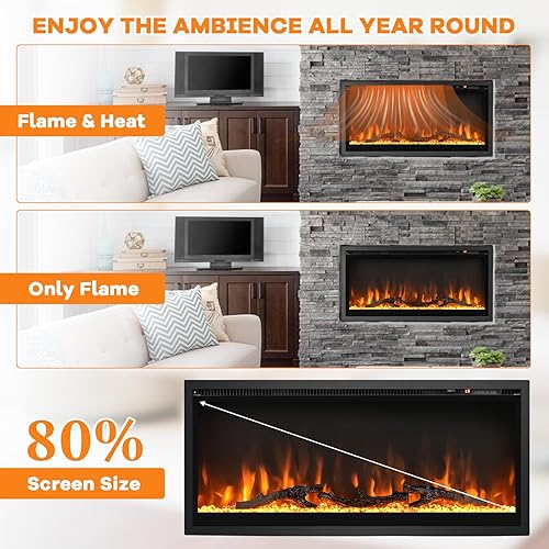 Miniatura 6 de ORALNER Inserto de chimenea eléctrica de 36 pulgadas de ancho, empotrado y montado en la pared con termostato, 9 colores de llama y 5 brillo