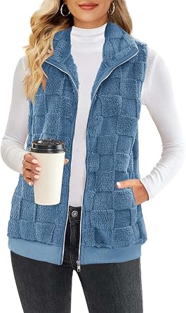 ReachMe Womens Fleece Sherpa Vest Winter Sleeveless Fuzzy Fluffy Checkered Plaid Vest Zip Up Jacket with Pockets