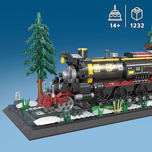 Miniatura 7 de WVINVW Bloque de construcción clásico de locomotora de vapor, juego de tren con luces, pista de tren, base y 3 árboles, regalos para amantes del