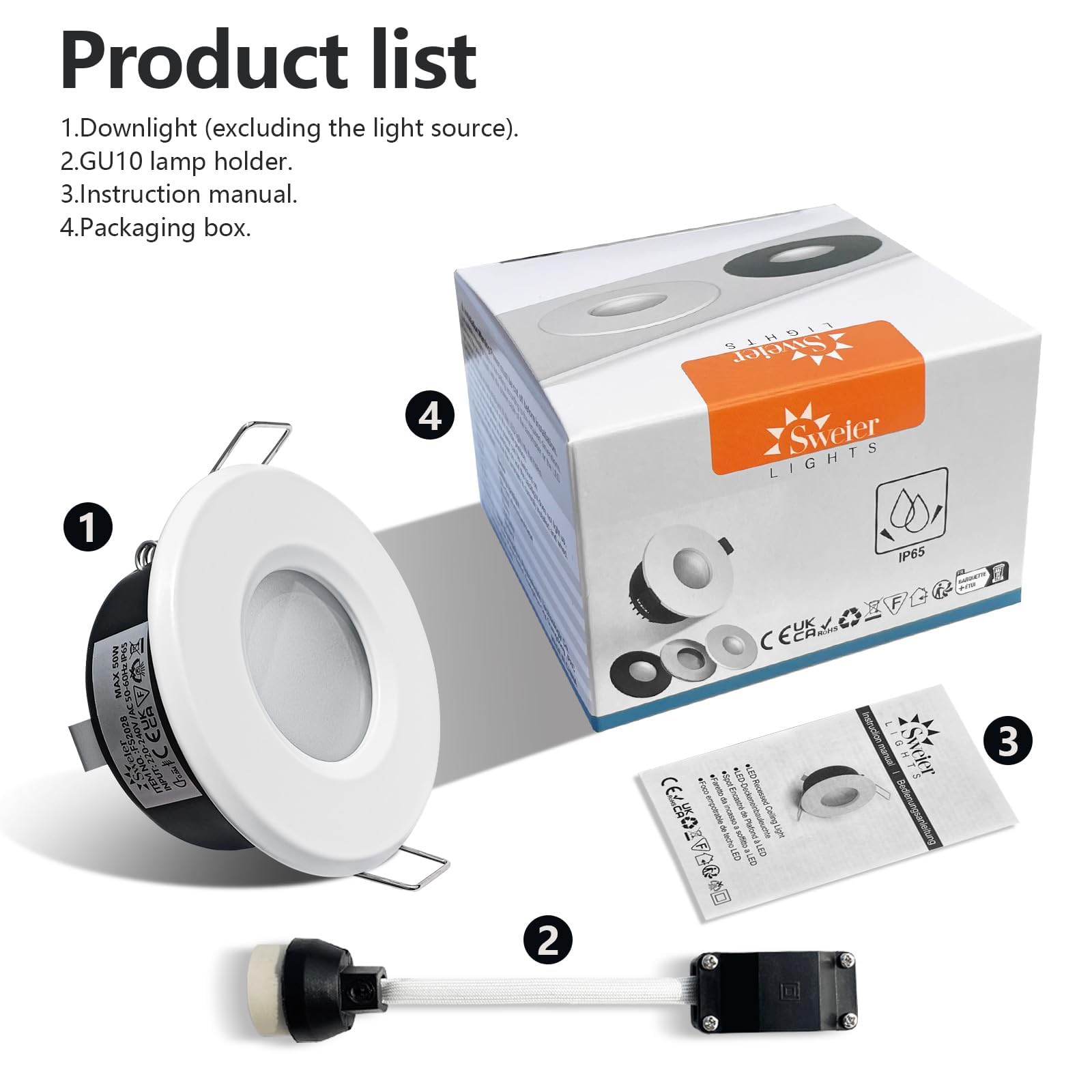 Spot Encastrés IP65 Étanches, Plafonnier pour Salle de Bain et Cuisine, Luminaire LED GU10, en Aluminium Coulé, Ø 68mm, Finition Blanc Mat (Ampoules Non Incluses) - Lot de 4