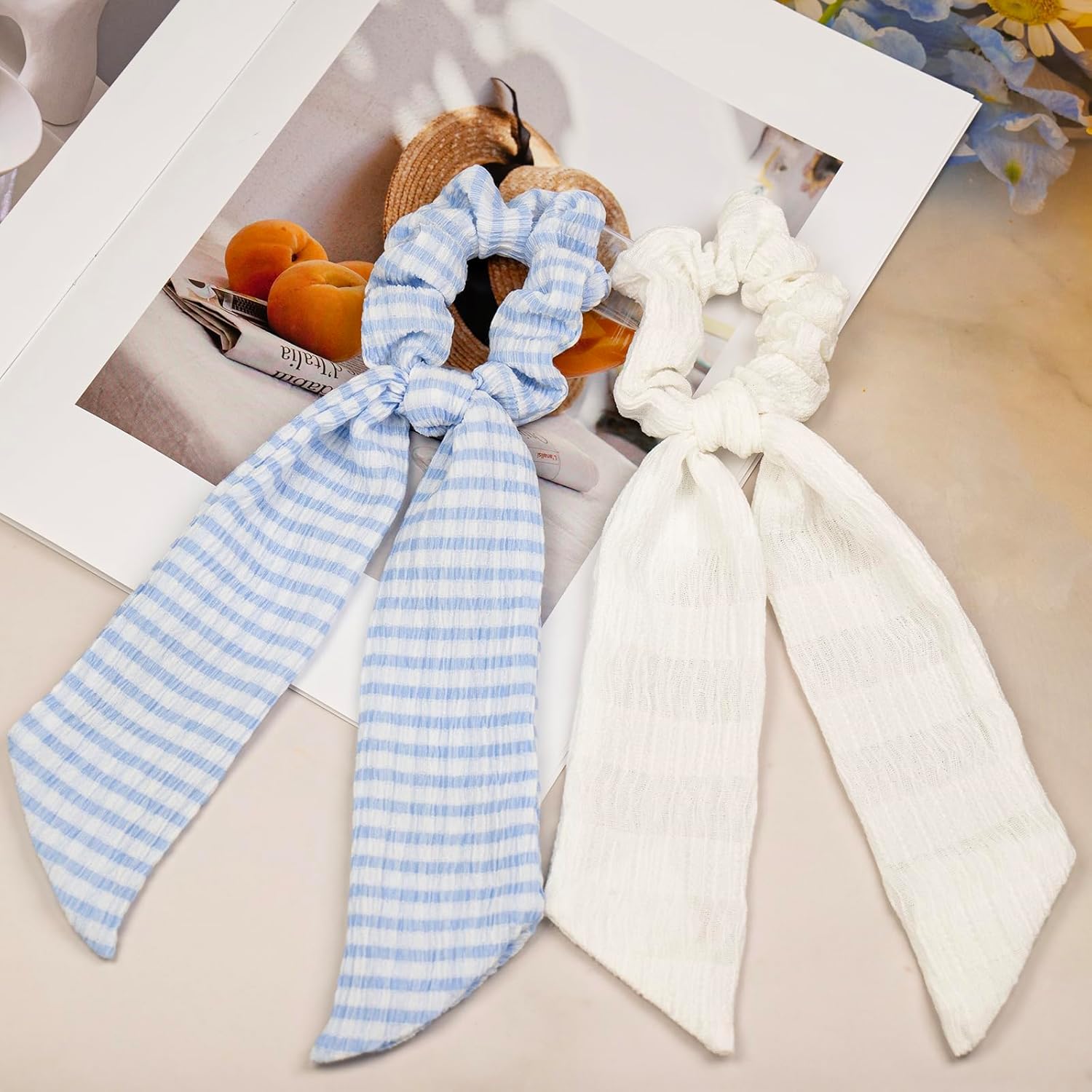 Bow Hair Ties for Women 2pc Blue White Hair Scarf Scrunchies Knotted Hair Ribbon Long Tail, Ponytail Holders Hair Scarf Accessories - Image 5