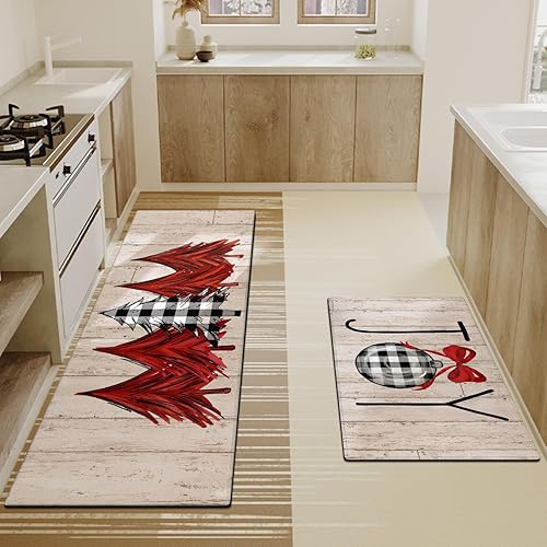 Miniatura 3 de Xsinufn Juego de 2 alfombras y tapetes de cocina de Feliz Navidad, a cuadros, árbol de Navidad, Navidad, invierno, vacaciones, tapete para fregadero