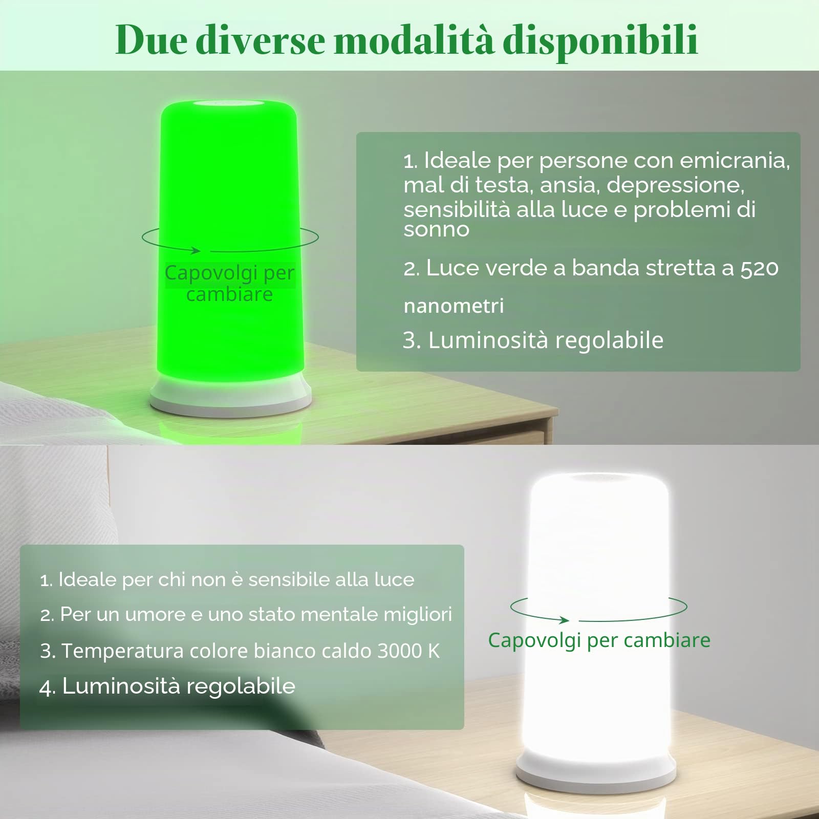 KTS Lampada Terapia a Luce Verde e Bianca,Emicrania Fototerapia,Lampada da Lettura,Lampada da Comodino per l'insomnia,Ansia, Sensibilità alla luce,Night Relax Dormire Meglio