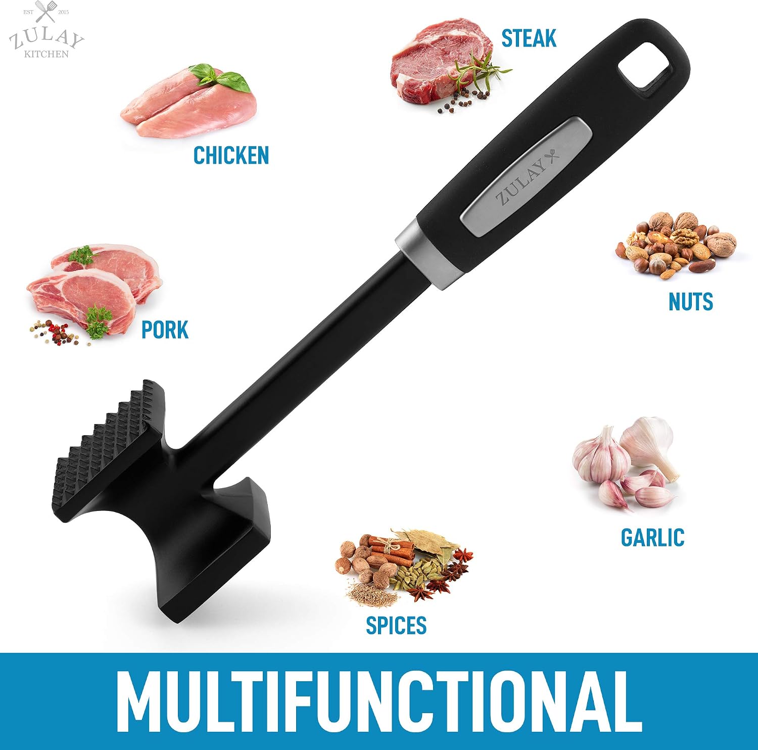 Zulay Meat Tenderizer Hammer (10") - Dual-Sided Meat Mallet Tenderizer With Comfort-Grip Handle - Heavy-Duty Metal Hammer Tenderizer - Meat Hammer Tenderizer for Beef - Kitchen Mallet & Meat Pounder