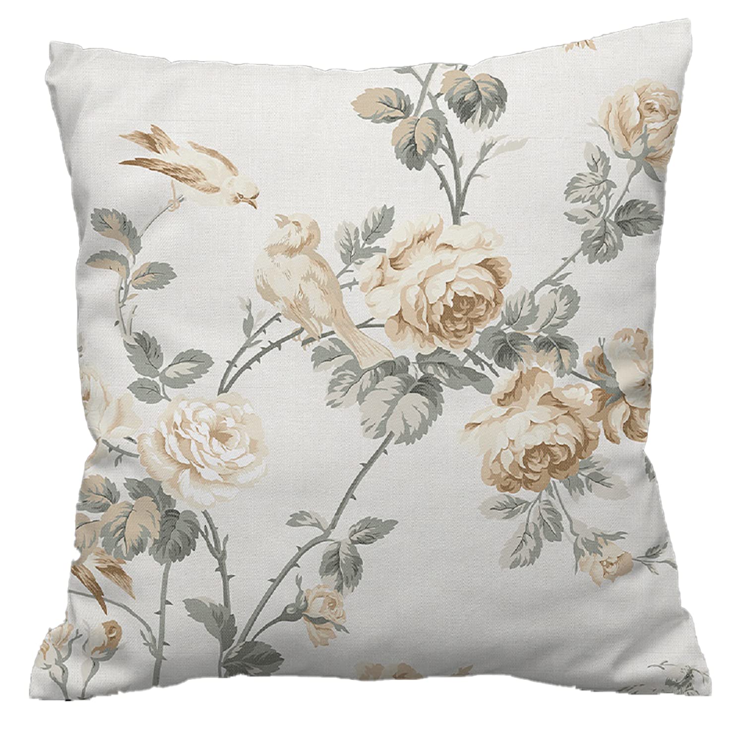 NightComfort 100% Cotton Cushion Cover Luxury Designer Indoor & Outdoor use - Bird Spring Beige - Ideal For Sofa, Living Room, Bedroom, Rattan Garden Furniture Set, Chairs, Bench (45x45cm)- Pack of 2
