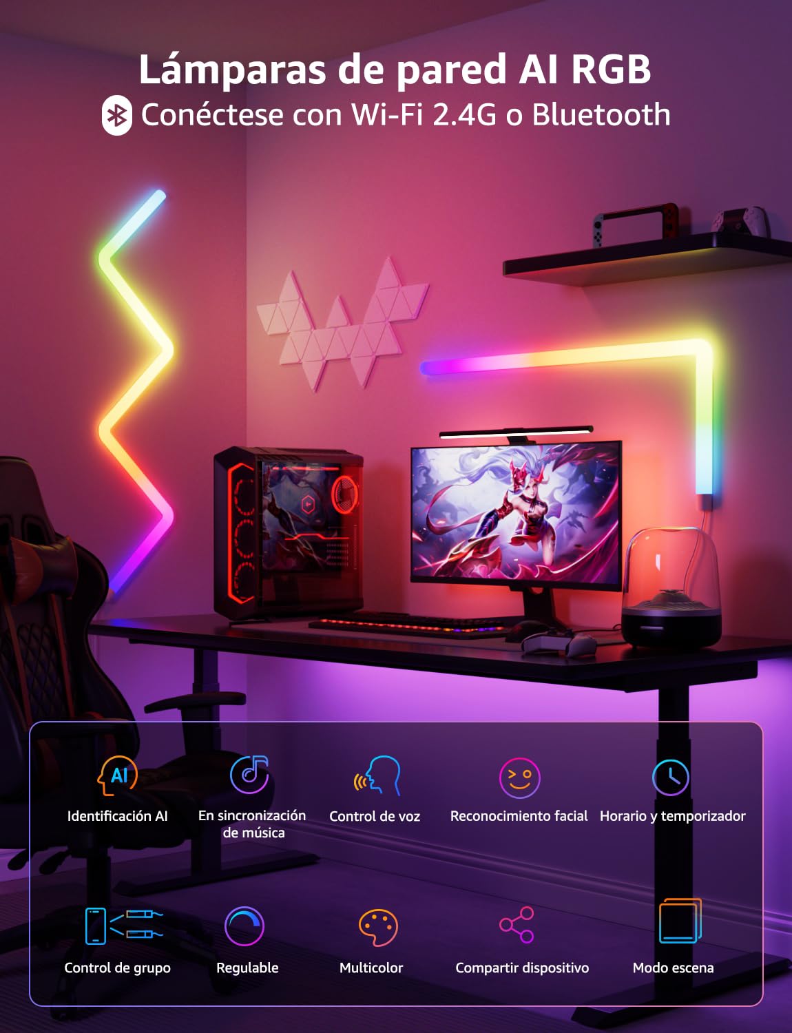 Lepro WL1 AI Barras de Luz LED Pared Inteligente, Funciona con Alexa y Google Home para Sala de Juego y PC Decoración, Diseñador de Iluminación AI Personalizado, Sync de Música y Control de Voz, 6Pcs