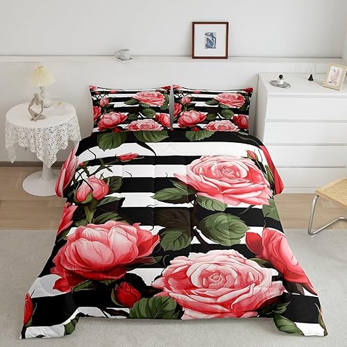 Erosebridal Juego de edredón de flores rojas y rosas, juegos de ropa de cama a rayas blancas y negras, relleno de edredón floral botánico, edredón