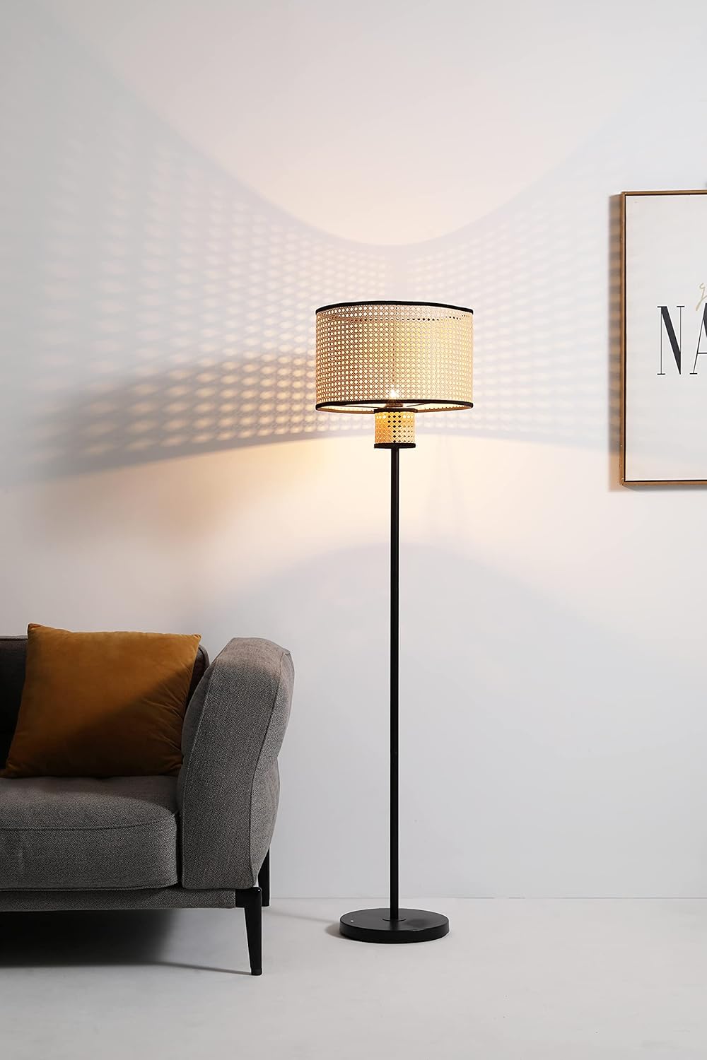 Nakuv - Modern Bohemian Floor Lamp with 2 Tier PVC Rattan Shade and Velvet Stiched Rim for Foyer, Kitchen Living Room, Bedroom, Beige