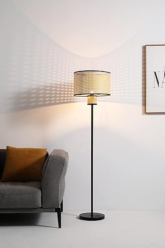 Miniatura 6 de Nakuv - Moderna lámpara de pie bohemia con pantalla de ratán de PVC de 2 niveles y borde cosido de terciopelo para vestíbulo, cocina, sala de estar,