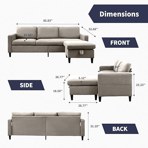 Miniatura 3 de ZAFLY Sofá modular convertible, sofá en forma de L con otomana de almacenamiento, juego de muebles de sala de estar de 86 pulgadas de ancho, sofás