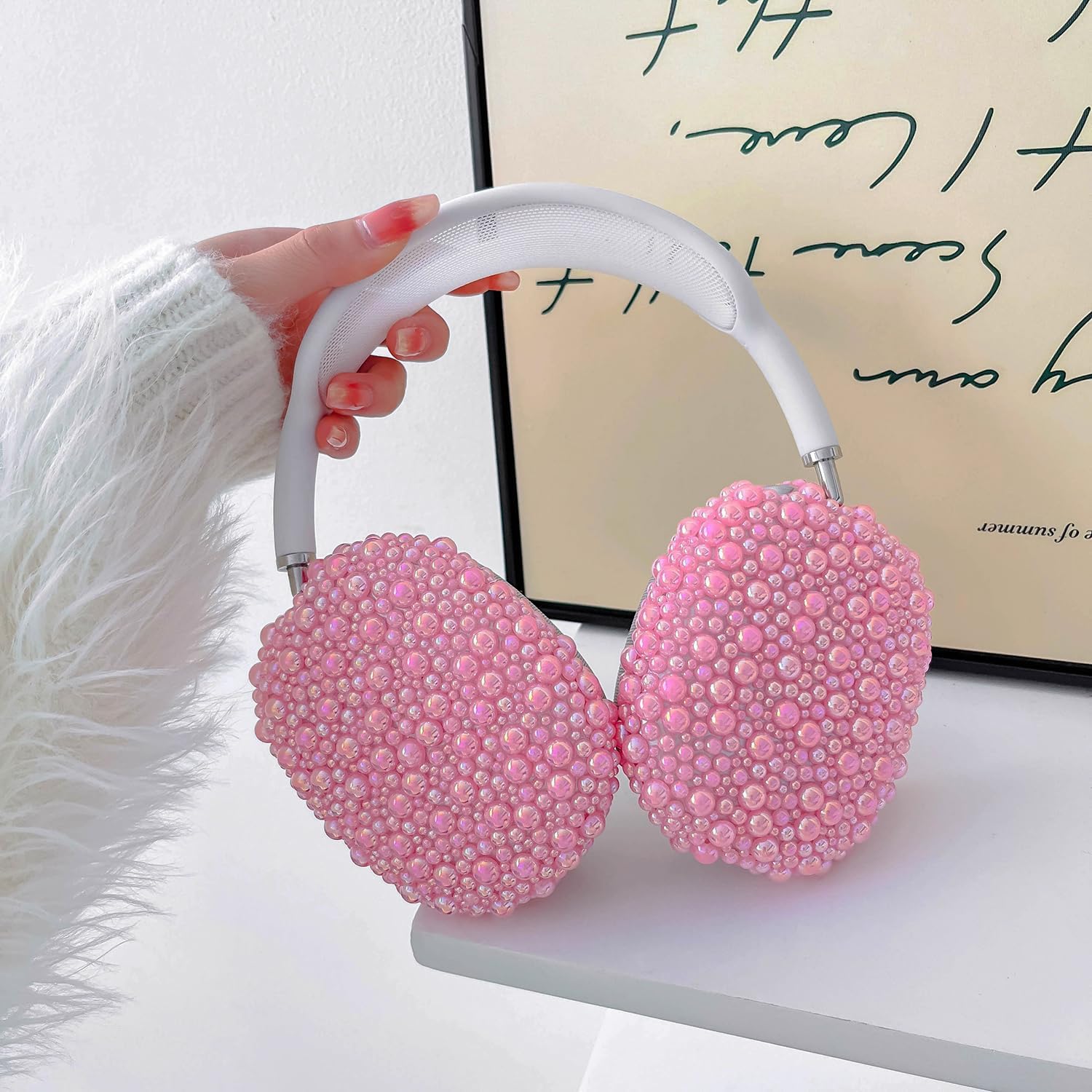Glitter Pearls Case Cover for AirPods Max Headphones with Cleaner Pen Girls, Soft Handmade Beads TPU Ear Cups/Ear Pad/Headband Case Cover Silicone Protector for Apple Air Pod Max Accessories, Pink