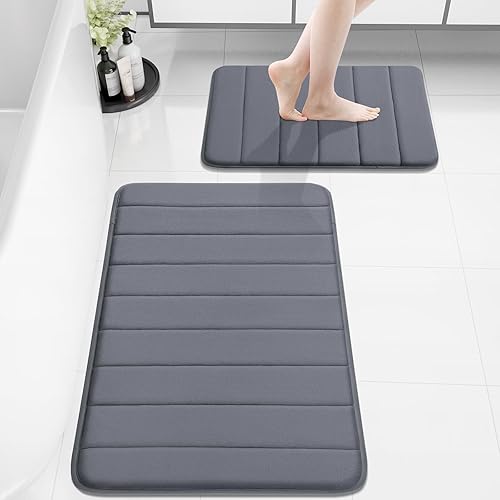 Miniatura 34 de Buganda Juego de 2 tapetes de baño de espuma viscoelástica y tapete para inodoro en forma de U, lavable a máquina, suave, antideslizante, Negro