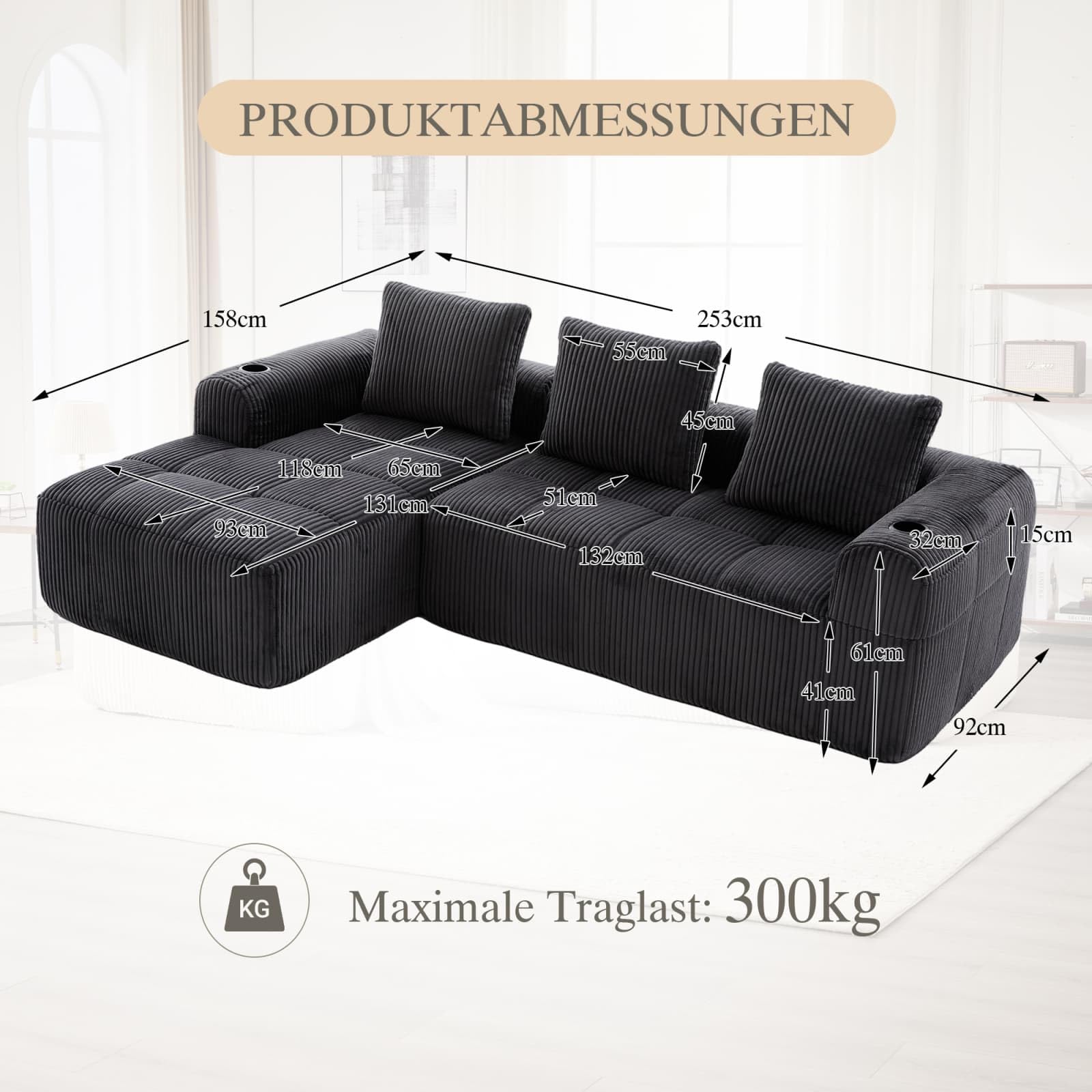 KOMHTOM Canapé Modulaire en Velours Côtelé avec Porte-gobelet, Coussin, Canapé Profond Confortable Moderne pour Salon, Bureau (C-Gris)