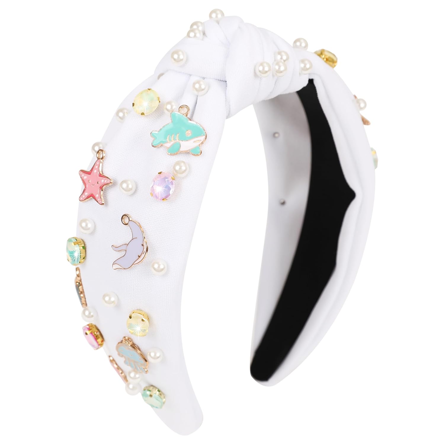 Ocean Knotted headband for Women Starfish Seashell Jellyfish Fish Dolphin Decor Headband Pearl Rhinestone Jeweled Hairband Summer Beach Hair Accessories Holiday Gifts