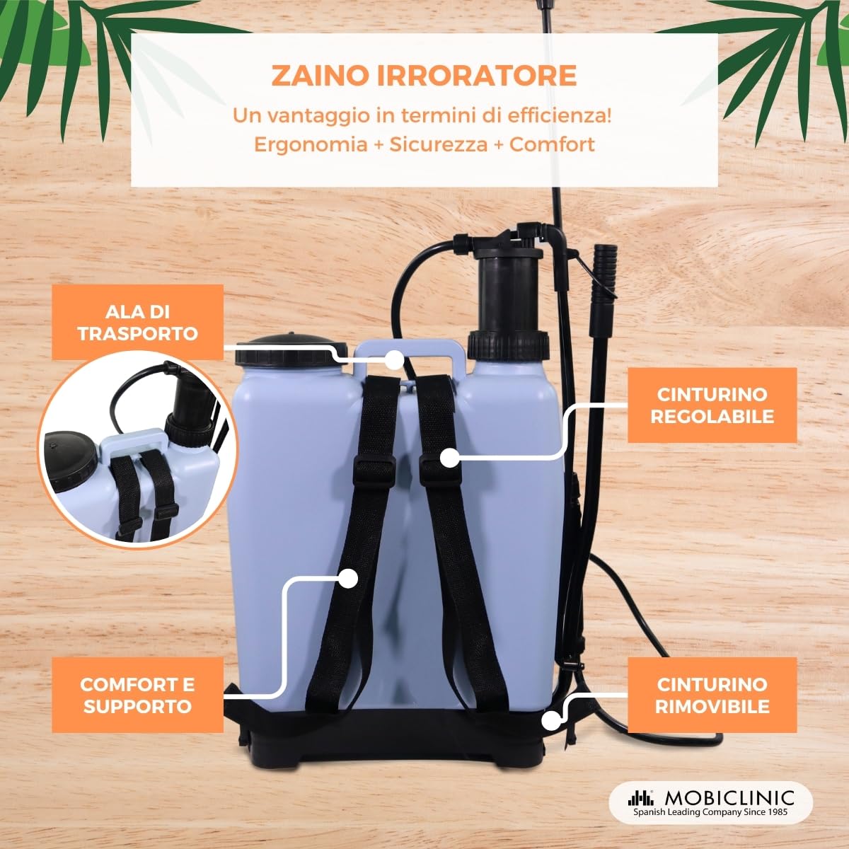 Mobiclinic®, Pompa a Pressione Manuale, 16 L, Giardinaggio, Pressione della pompa, 4 ugelli regolabili, Leggero 2 kg, Spruzzatore, Irrigazione, Controllo dei parassiti, Cura delle Piante, Fumibug