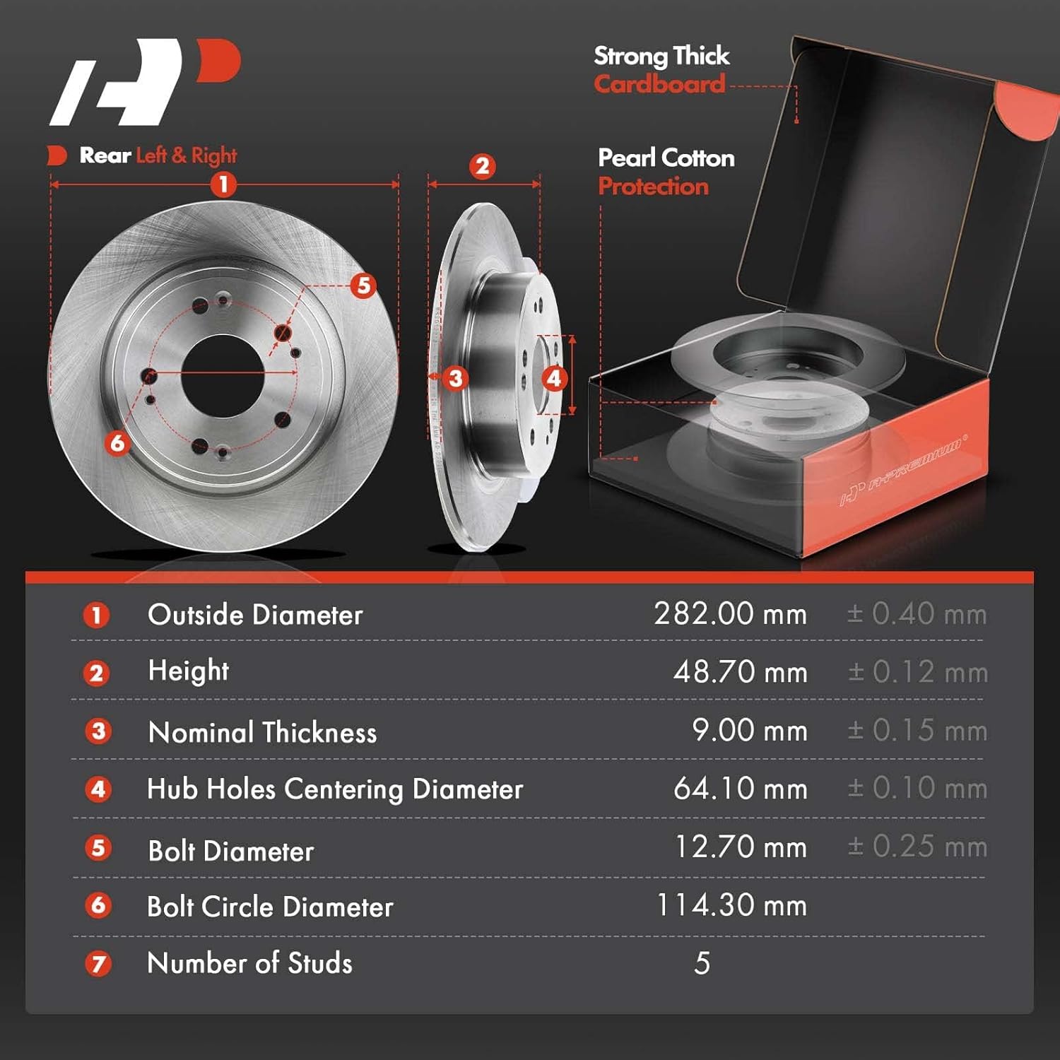 A-Premium 11.09 inch (281.6mm) Rear Solid Disc Brake Rotors + Ceramic Pads Kit Compatible with Honda and Acura Models - Accord 2008-2017, TSX 2009-2014, 6-PC Set