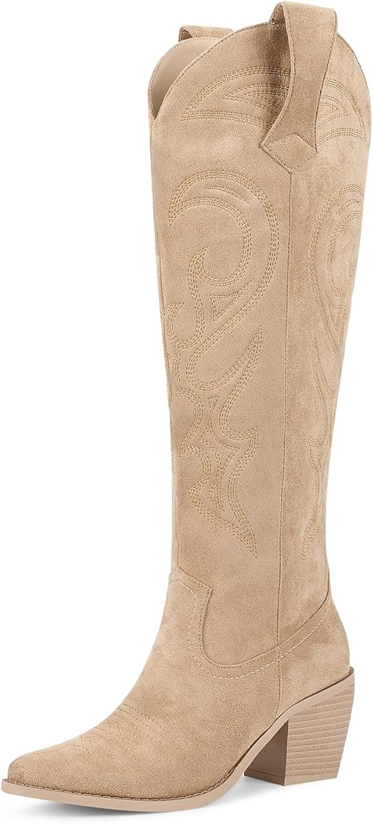 Amazon.com | wetkiss Western Boots for Women Cowboy Cowgirl Boots for Women Knee High Boot Tall Long Chunky Heel（Apricot-7.5） | Knee-High