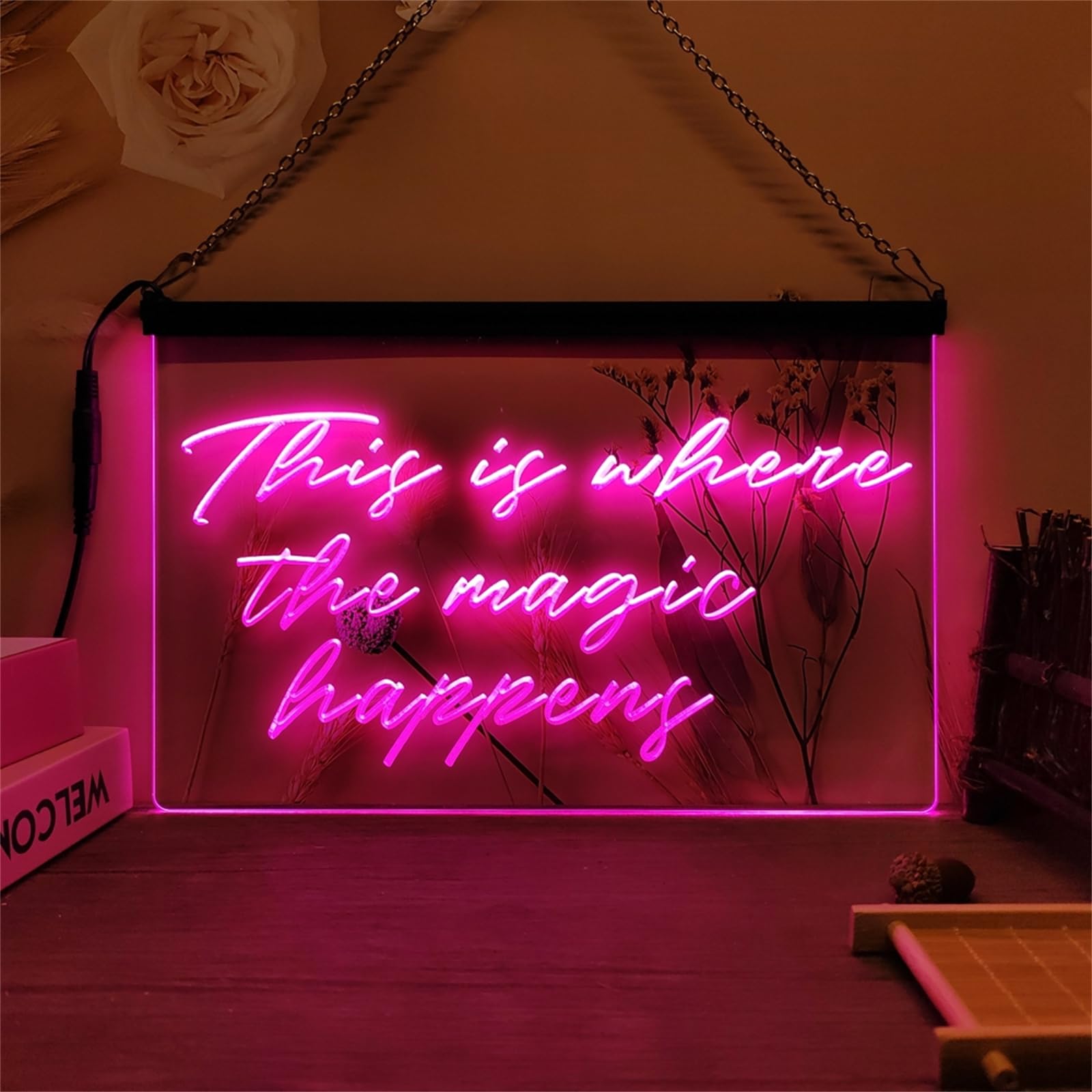 Zayeksole Pink This Is Where The Magic Happens Neon Sign For Wall Decor, Usb Powered Dimmable Led Neon Light Up Sign For Magic Show,,30X20cm