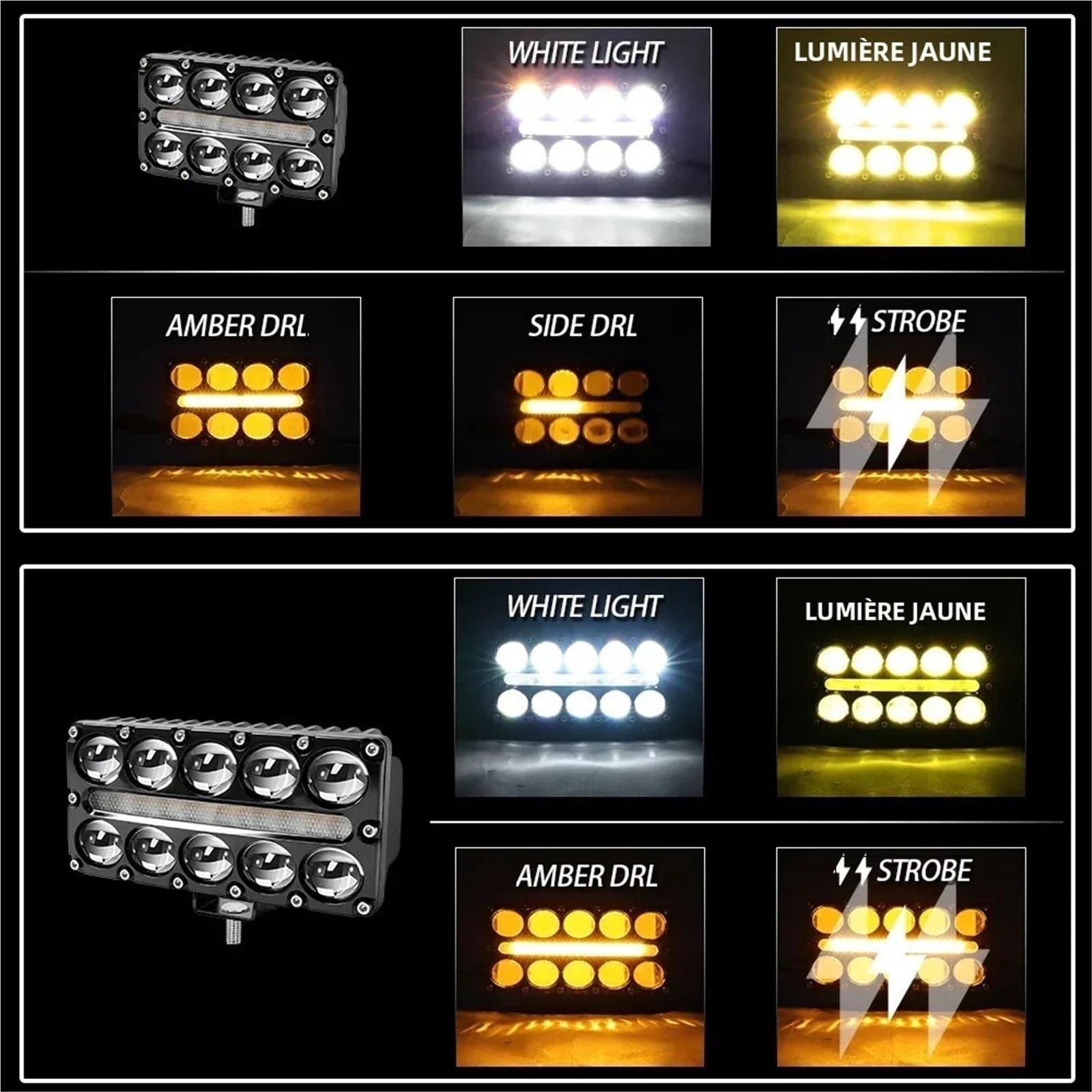 Światła drogowe Robocze Światło Przeciwmgielne LED 8 10 Len | Pomocniczy Projektor Reflektorów Stroboskop Migający 3000k Bursztynowy DRL 12V 24V(2pcs 8 Lens)