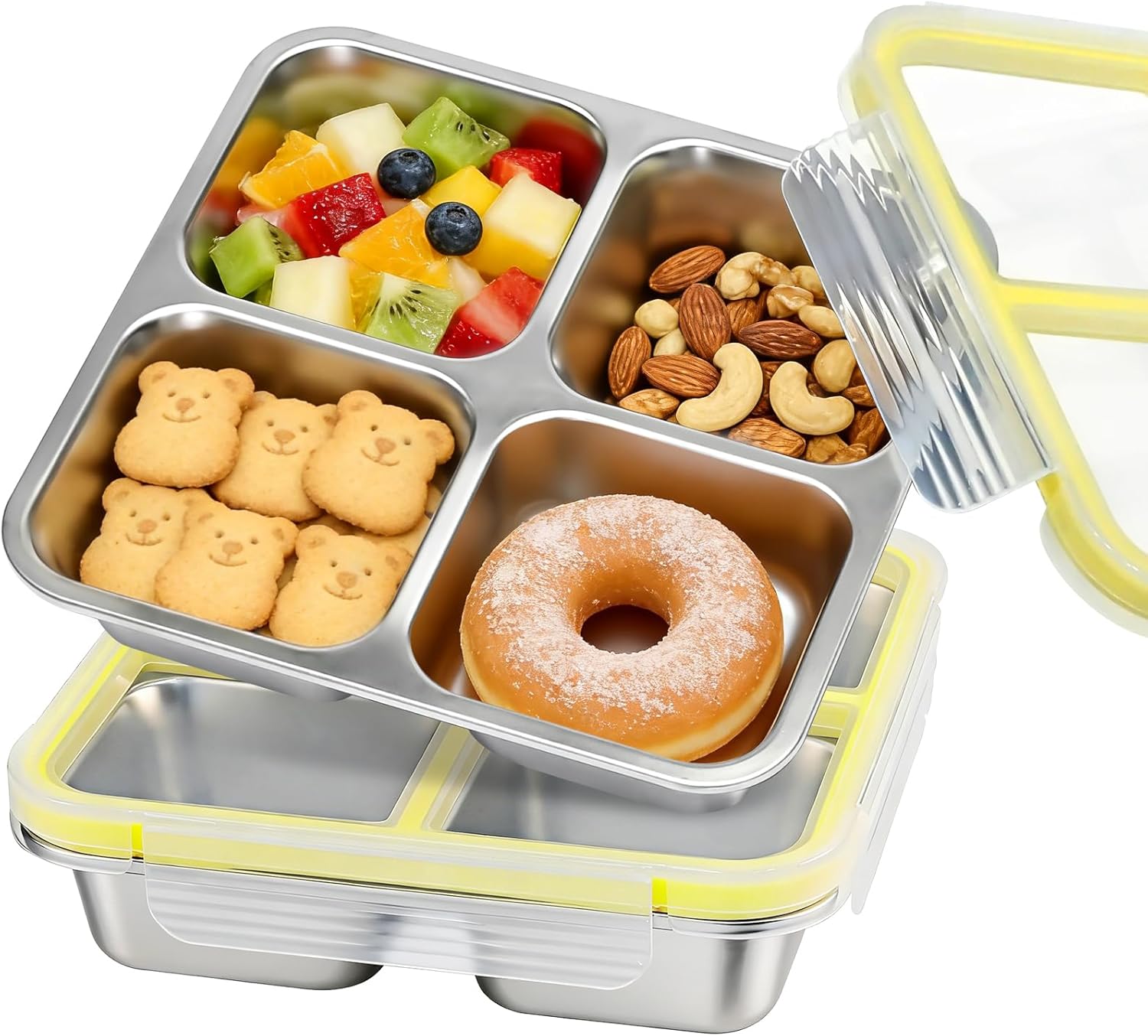 Stainless Steel Snack Containers, 4 Compartment Metal Bento Box with Lids Airtight, Reusable Snackle Boxes Meal Prep Lunch Container Leakproof Food Storage for Travel, Picnics, Work