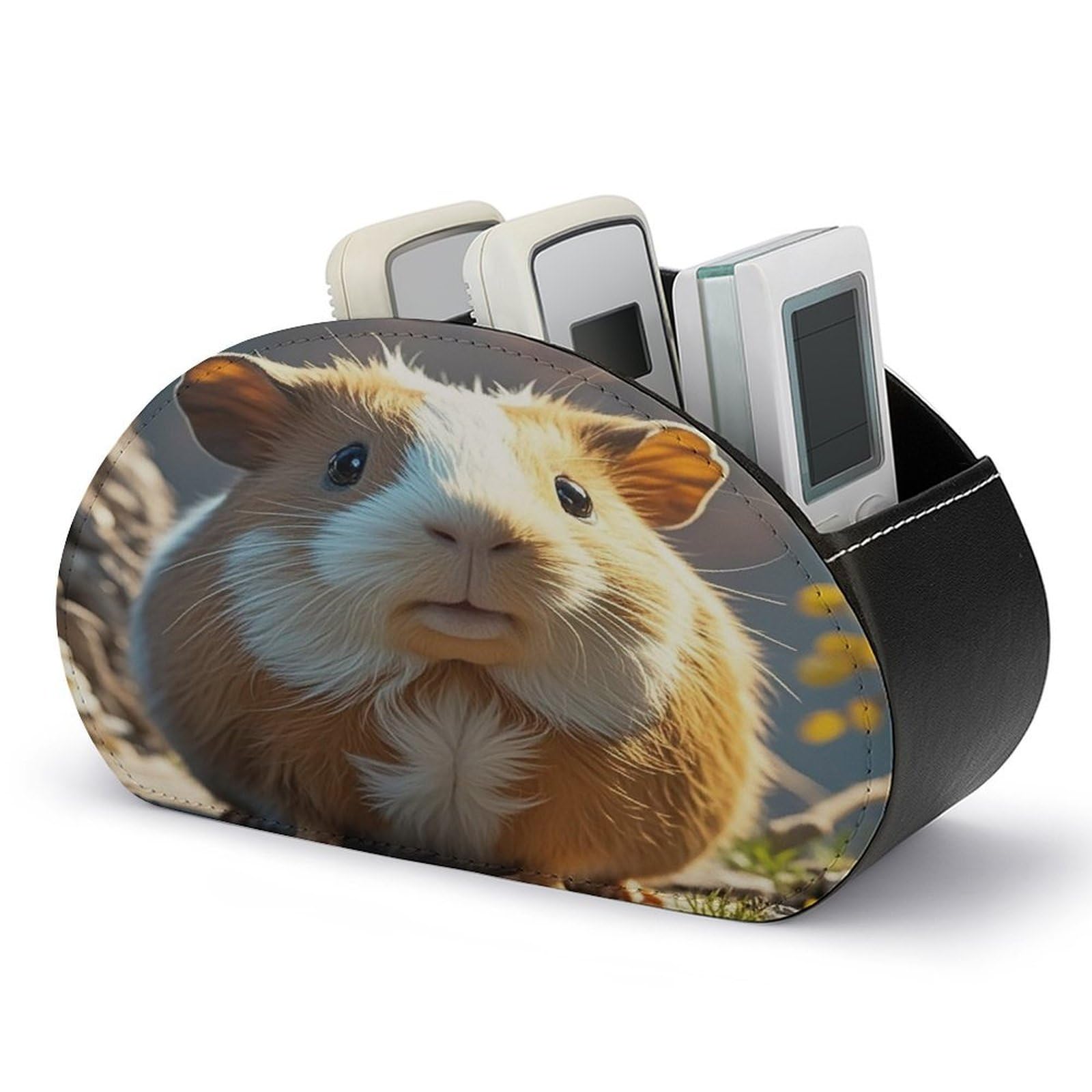 FekiLoot Leather TV Remote Control Holder with 5 Compartments Multifunctional TV Remote Holder Bedside Table Remote Caddy Storage Box Guinea Pig Remote Organizer for Home Office