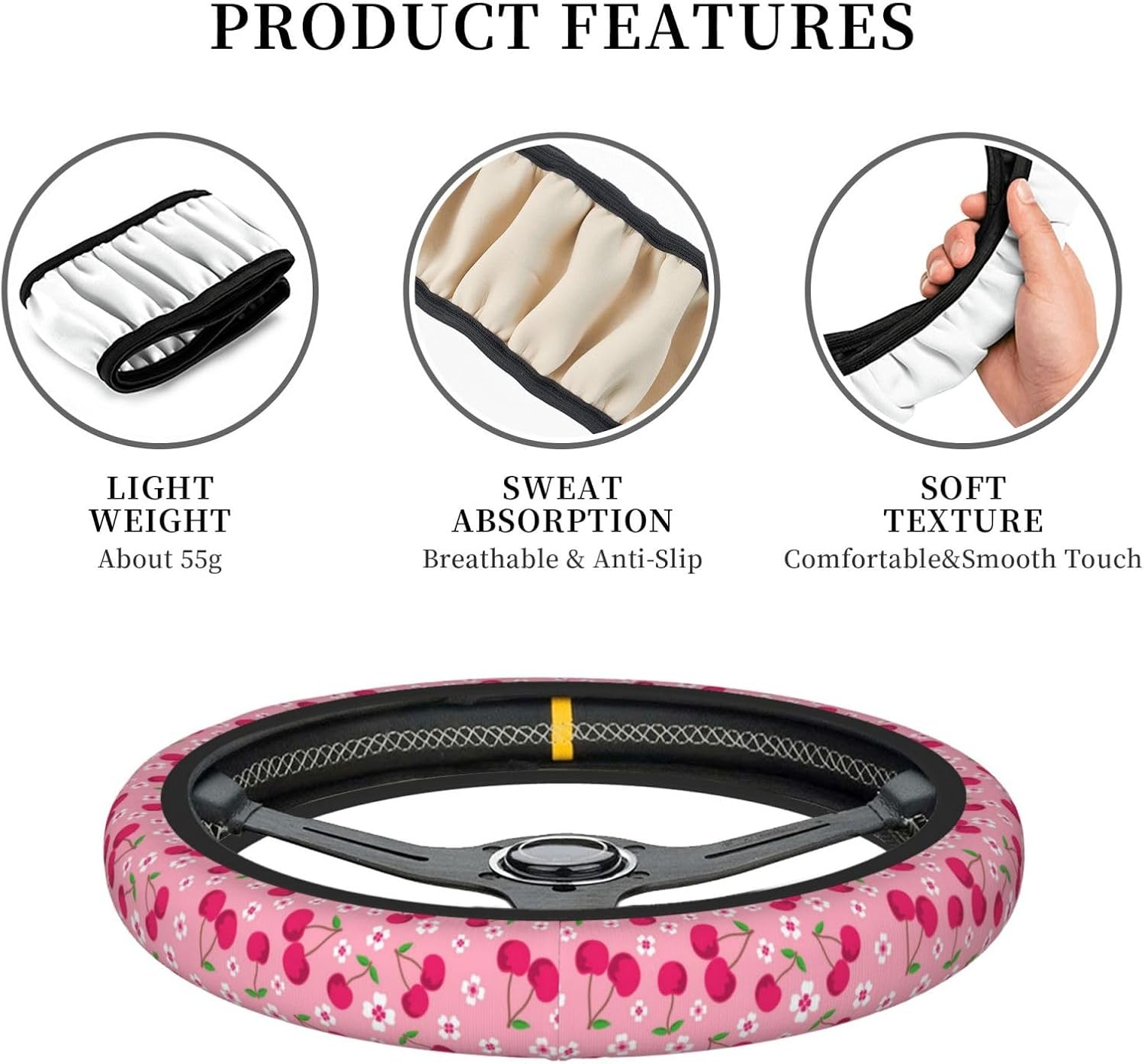 Cherry Steering Wheel Cover Anti-Slip and Practical 14.5-15 Inch Universal Car Steering Wheel Cover with 2 Pieces Car Coasters Suitable for Men Women thumbnail