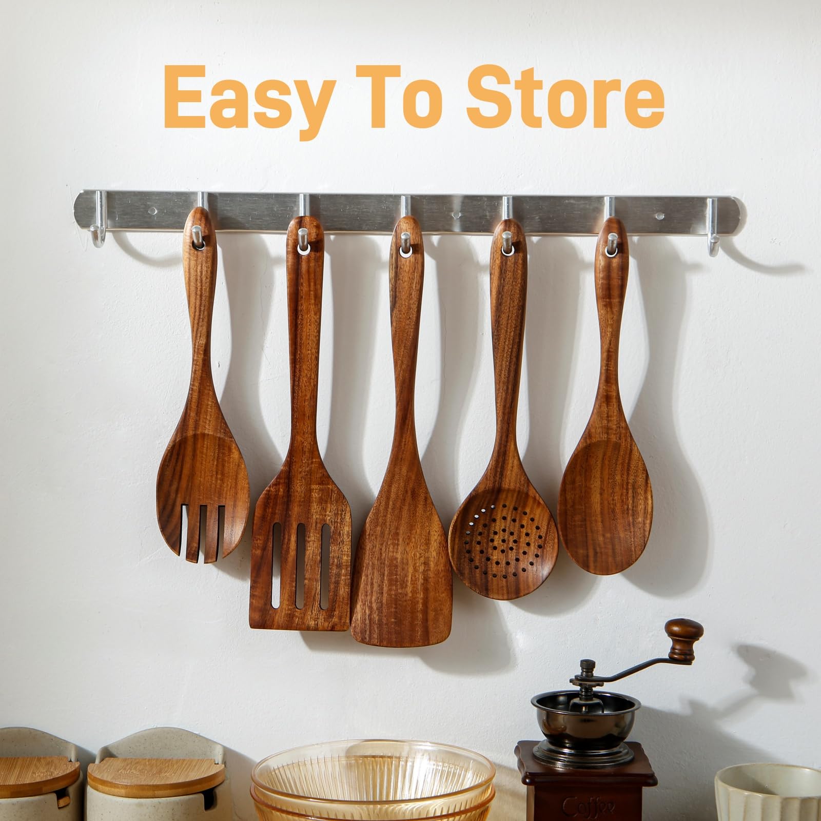 Kochutensilien-Set aus Holz, 6-teilig, mit Löffelhalter, Naturholz-Finish
