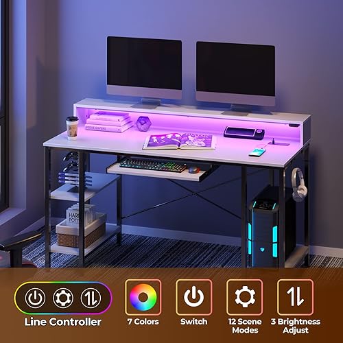 Miniatura 6 de Rolanstar Escritorio para computadora de 55 pulgadas con luces LED y tomas de corriente, escritorio con estantes de almacenamiento, escritorio de