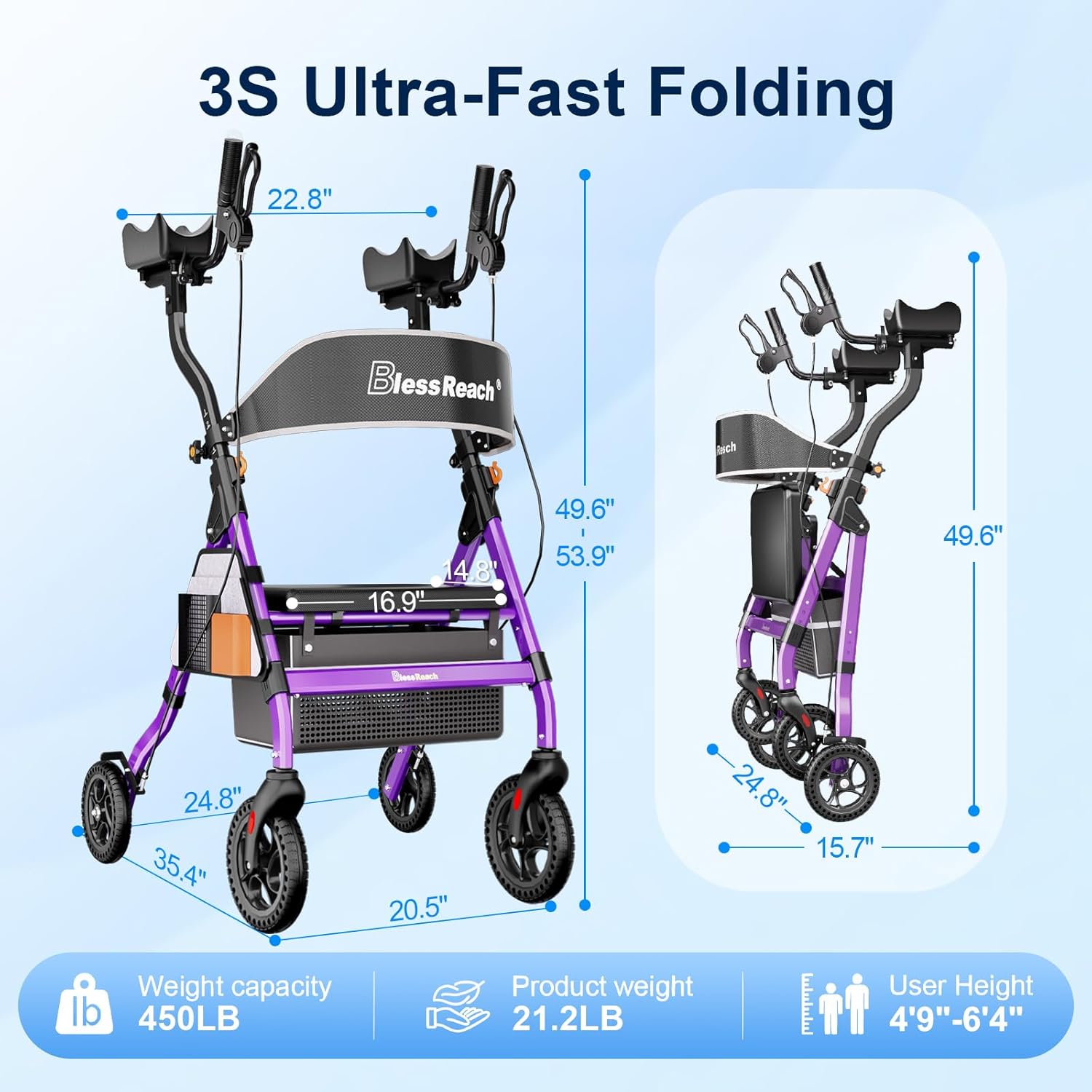 heavy duty upright rollator walker for seniors with seat, 450lb capacity, 8" all-terrain wheels, 6 height adjustments, padded seat & backrest, easy assembly, foldable design, purple