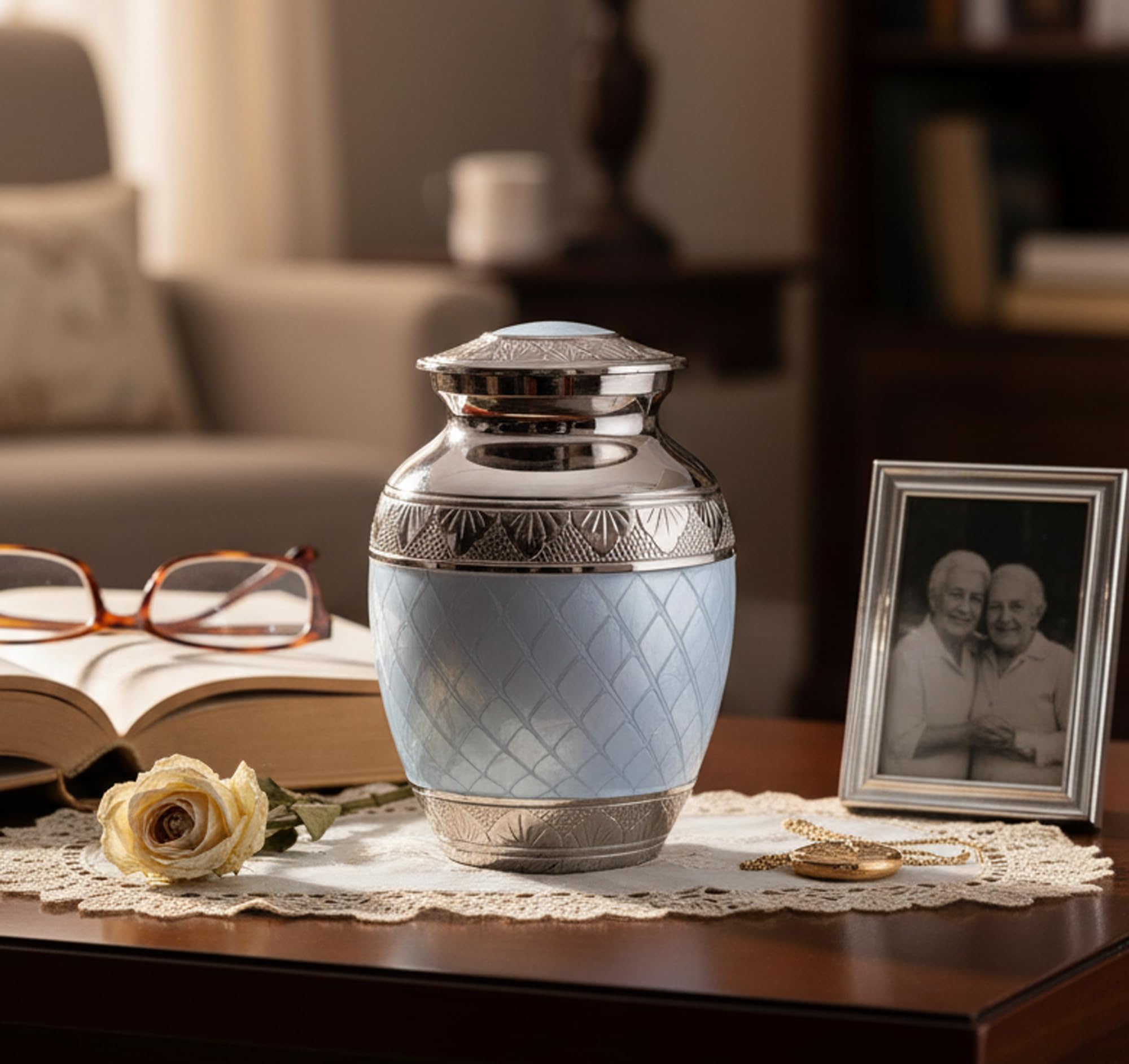 ESPLANADE Brass Cremation Urn Keepsake Memorial Human Ashes Container Jar Pot | Burial Funeral Urns | Blue Silver - 6" Inches (Medium Size)