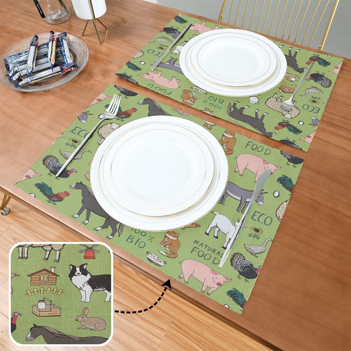 Set Di 4 Tovagliette Quadrate In Iuta Intrecciata, Stile Rustico Fattoria, 35,5x35,5 Cm - 2