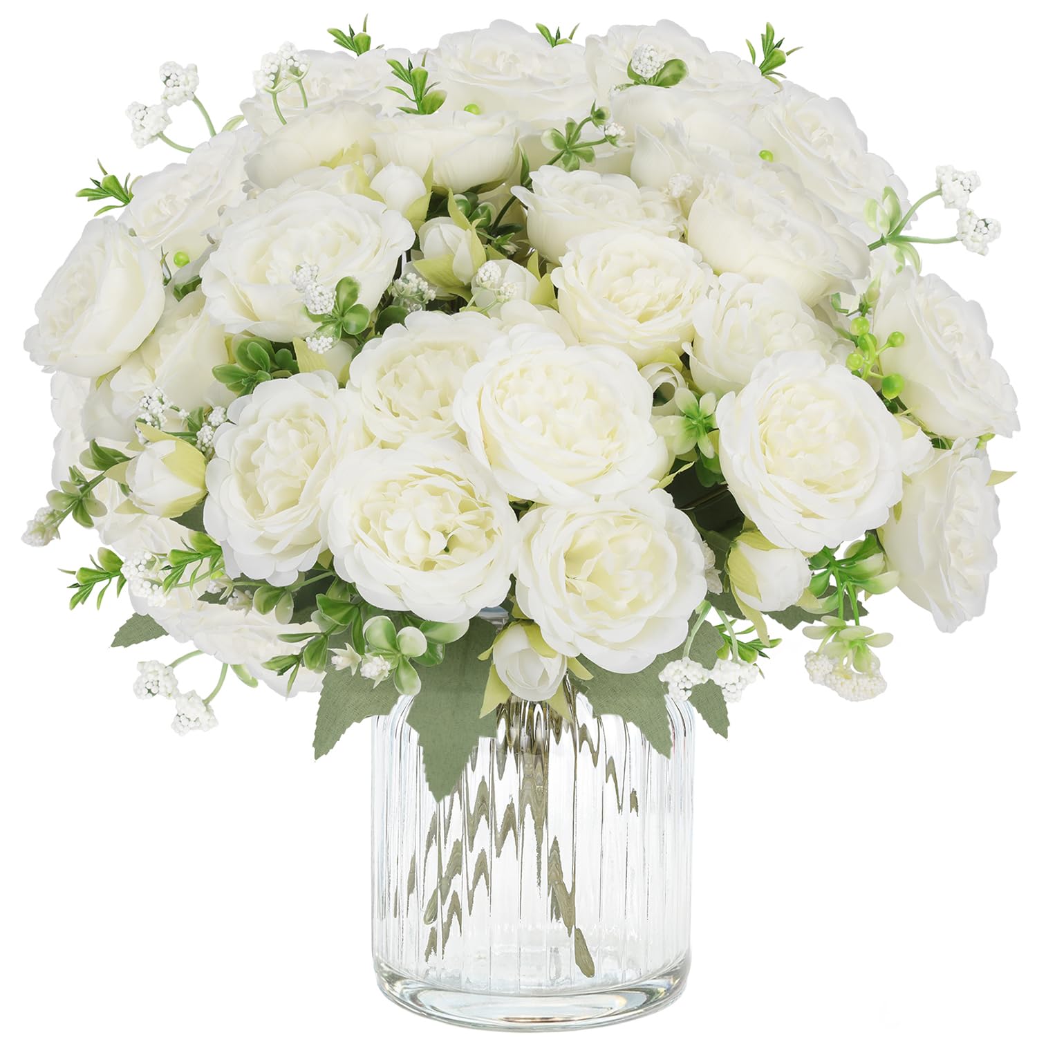 Macrak 2 Packs Peonies Artificial Flowers, Silk Flowers Fake Peonies Bouquet for Home Decor Party Faux Floral Arrangements Table Centerpieces (White)