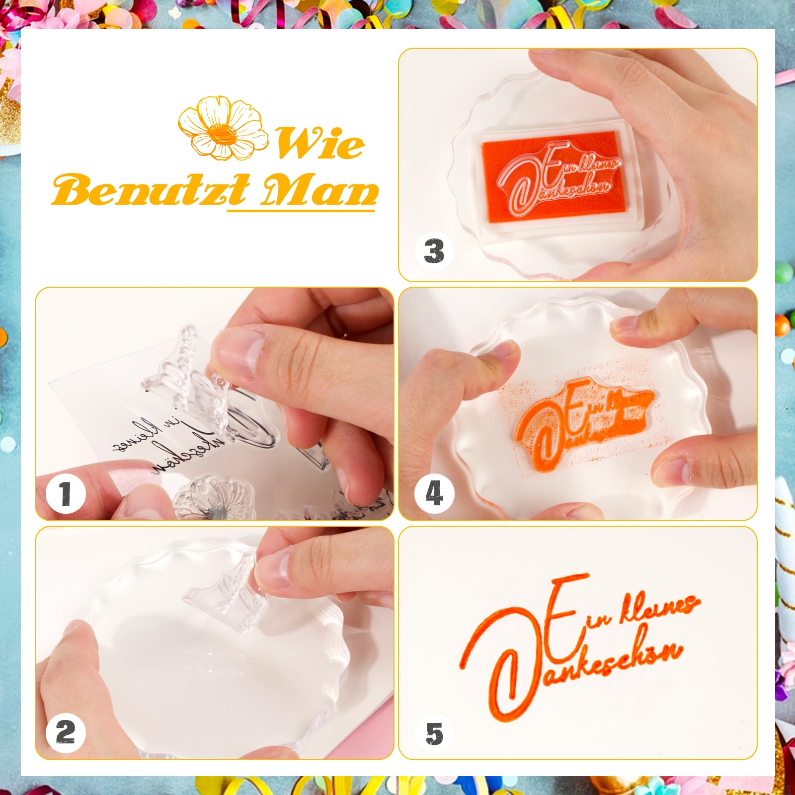 Set 4 Timbri In Silicone Con Frasi In Tedesco - Per Scrapbooking, Biglietti, Album Fai Da Te - 2